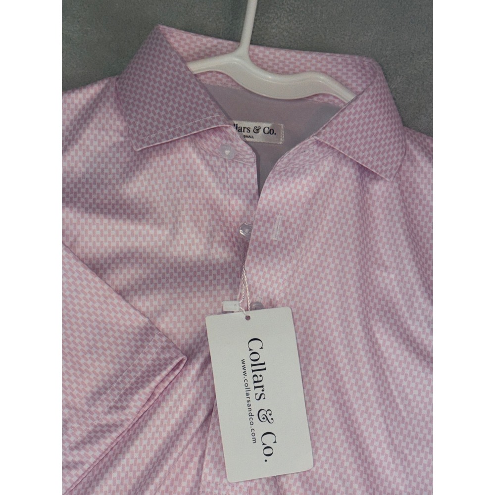 Collars & Co Mens Small Dress Collar Polo Shirt Pink Geometric Stretch NWT